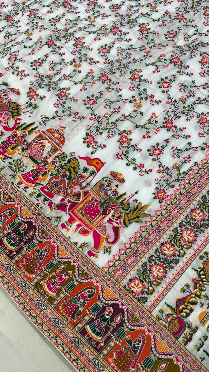 Ivory White Designer Printed Saree with Royal Elephant & Floral Border | Premium Festive & Cultural Wear
