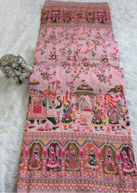 Peach Heritage Print Silk Saree with Royal Procession & Floral Vine Pallu | Premium Festive & Cultural Wear