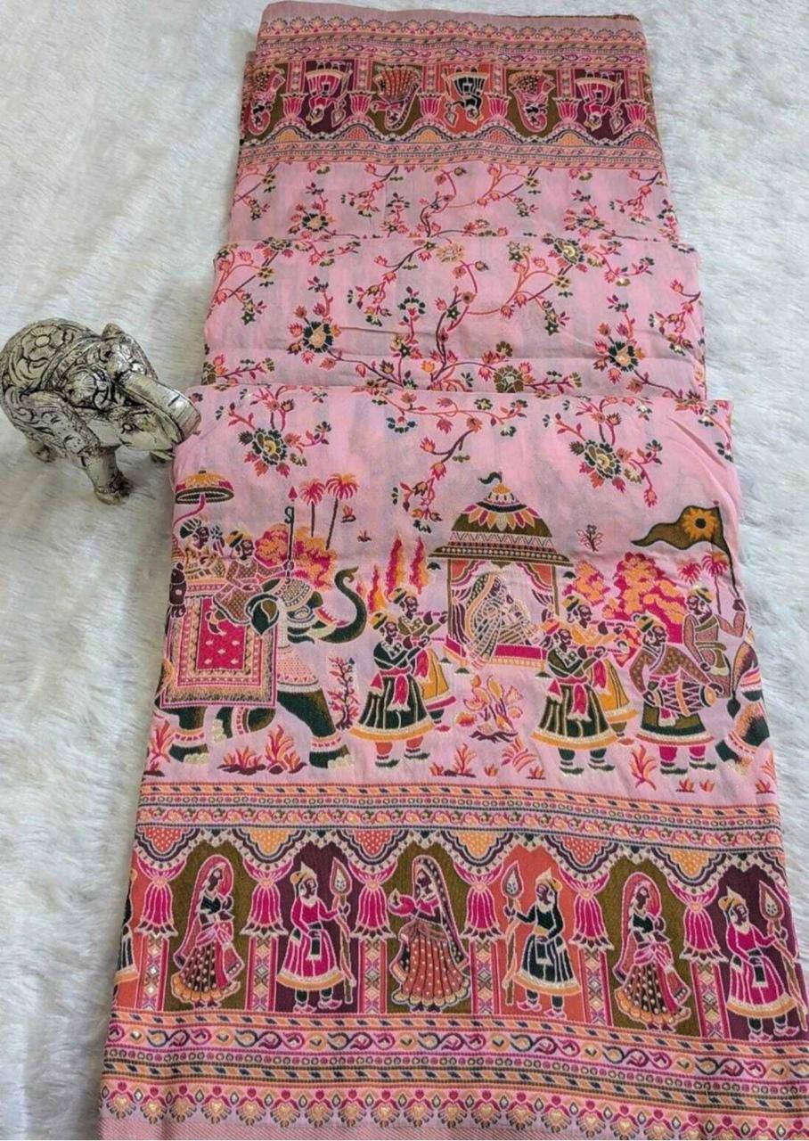 Peach Heritage Print Silk Saree with Royal Procession & Floral Vine Pallu | Premium Festive & Cultural Wear