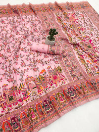 Peach Heritage Print Silk Saree with Royal Procession & Floral Vine Pallu | Premium Festive & Cultural Wear