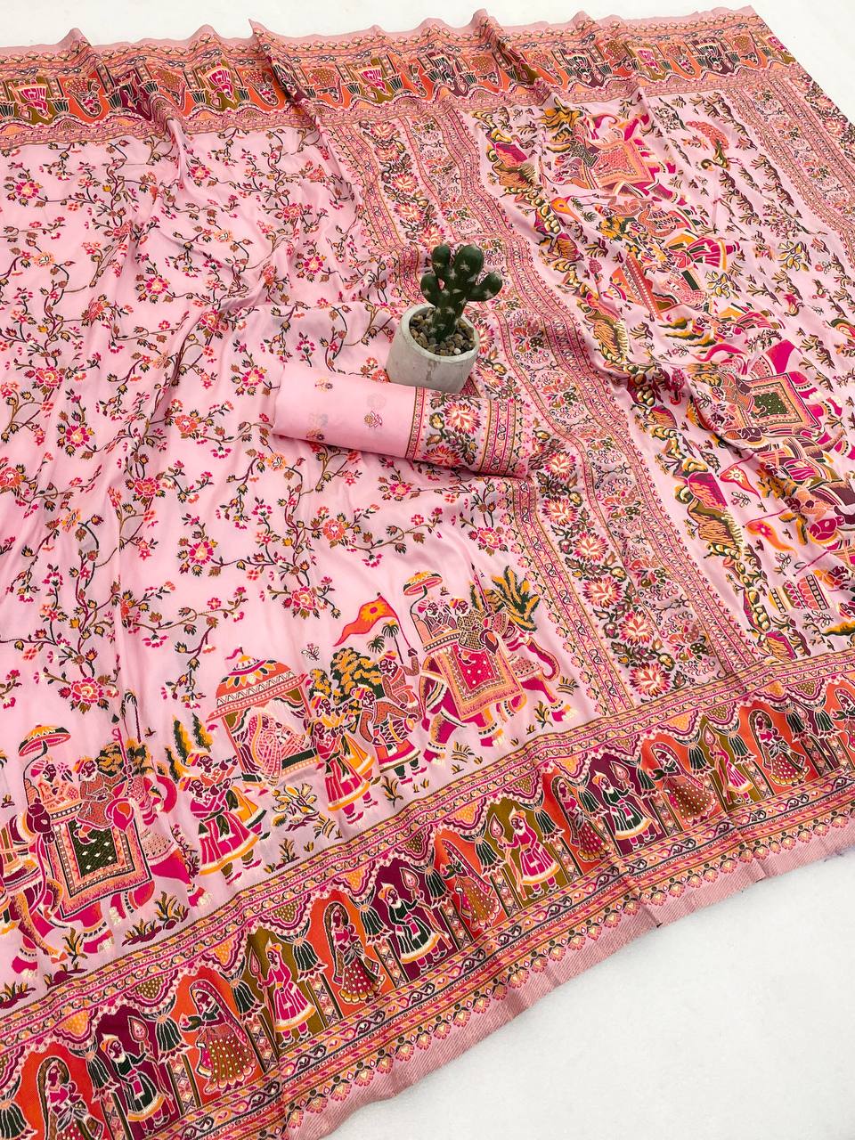 Peach Heritage Print Silk Saree with Royal Procession & Floral Vine Pallu | Premium Festive & Cultural Wear