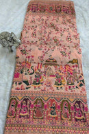 Peach Heritage Print Silk Saree with Royal Procession & Floral Vine Pallu | Premium Festive & Cultural Wear