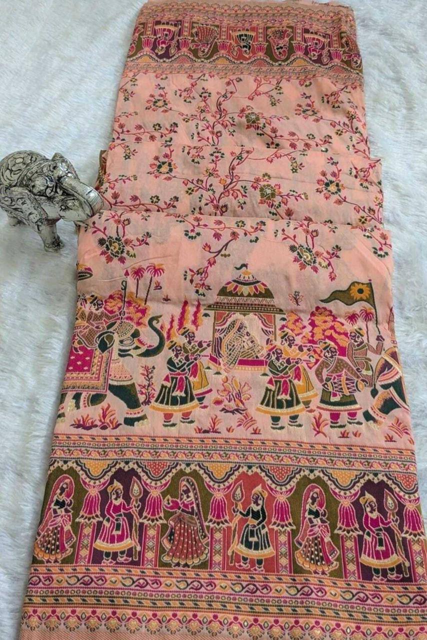 Peach Heritage Print Silk Saree with Royal Procession & Floral Vine Pallu | Premium Festive & Cultural Wear
