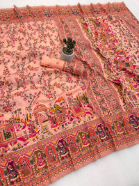 Peach Heritage Print Silk Saree with Royal Procession & Floral Vine Pallu | Premium Festive & Cultural Wear