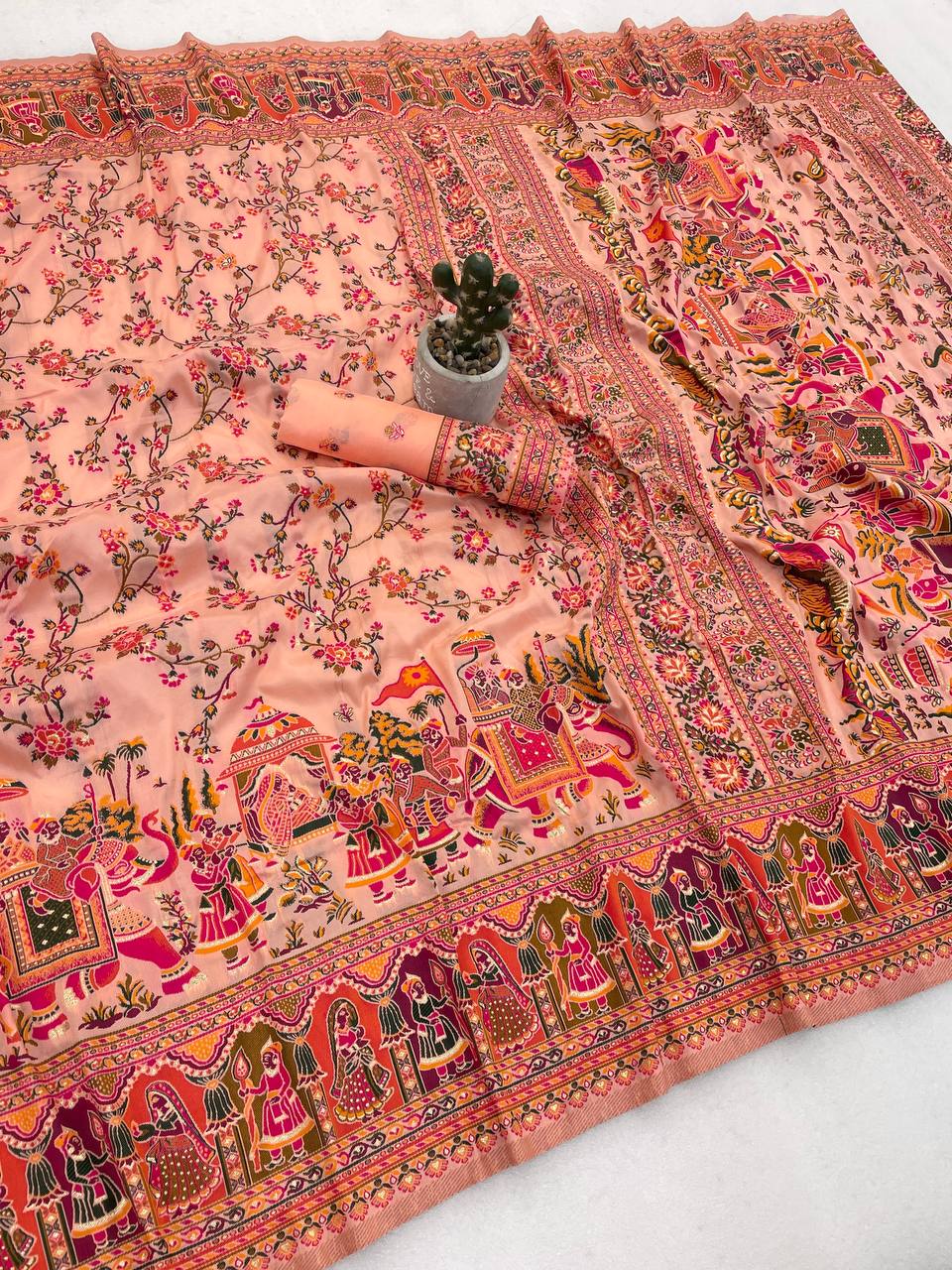 Peach Heritage Print Silk Saree with Royal Procession & Floral Vine Pallu | Premium Festive & Cultural Wear