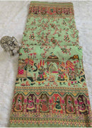 Mint Green Designer Printed Saree with Royal Elephant Procession & Floral Vine Work | Premium Festive & Cultural Wear