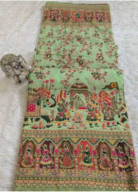 Mint Green Designer Printed Saree with Royal Elephant Procession & Floral Vine Work | Premium Festive & Cultural Wear
