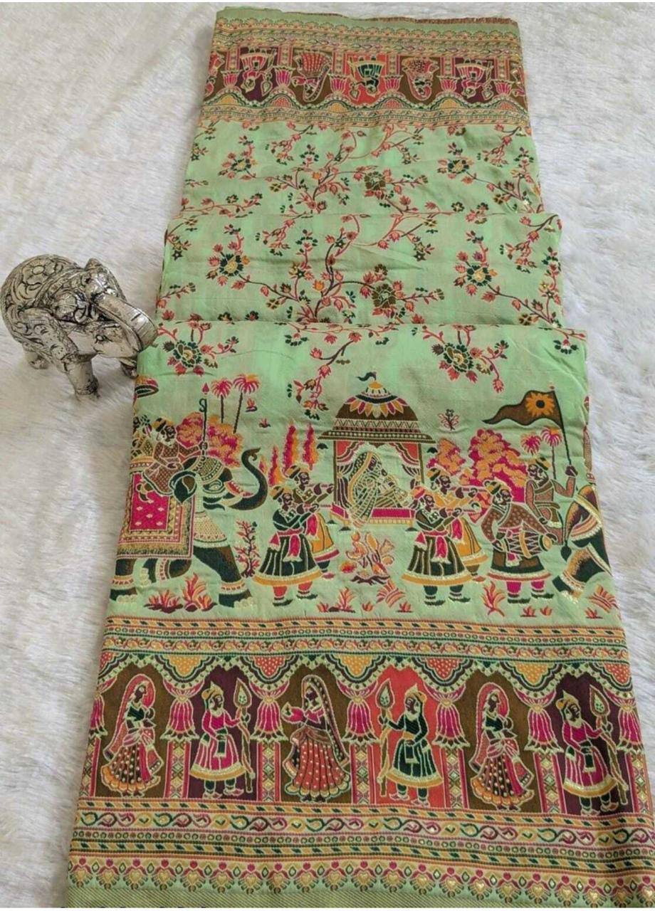 Mint Green Designer Printed Saree with Royal Elephant Procession & Floral Vine Work | Premium Festive & Cultural Wear