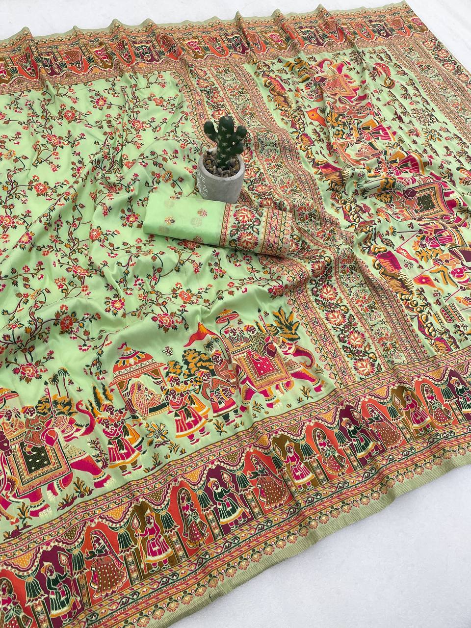 Mint Green Designer Printed Saree with Royal Elephant Procession & Floral Vine Work | Premium Festive & Cultural Wear