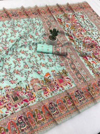 Elegant Mint Green Printed Silk Saree with Heritage Border & Grand Rajasthani Scene Pallu | Premium Festive Wear