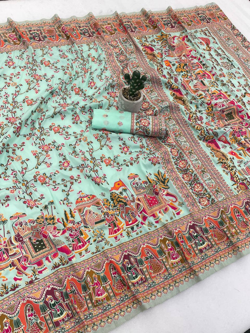 Elegant Mint Green Printed Silk Saree with Heritage Border & Grand Rajasthani Scene Pallu | Premium Festive Wear