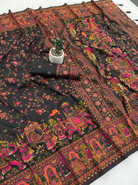 Royal Black Printed Silk Saree with Traditional Heritage Border & Grand Rajasthani Scene Pallu | Premium Festive Wear