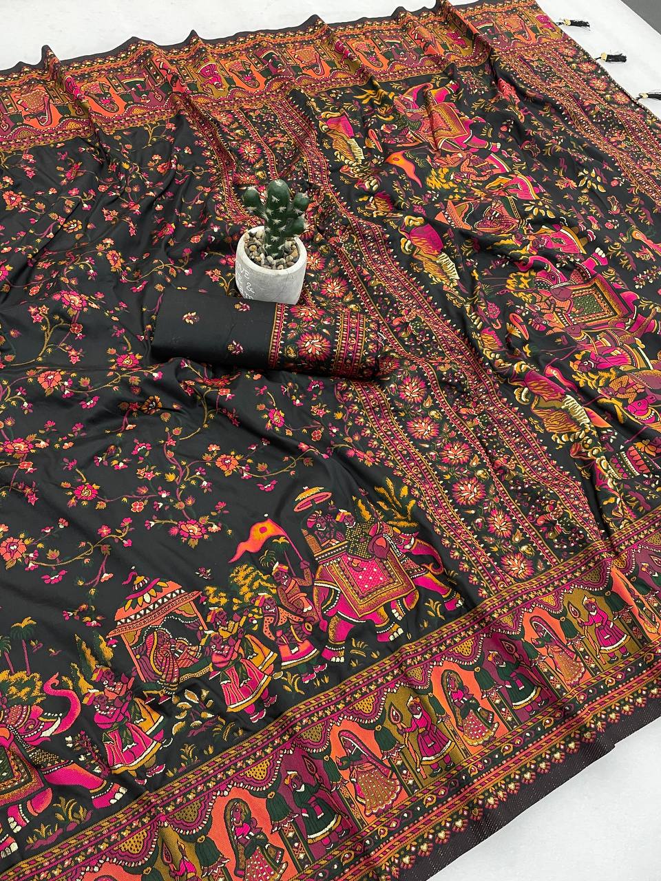 Royal Black Printed Silk Saree with Traditional Heritage Border & Grand Rajasthani Scene Pallu | Premium Festive Wear