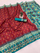 Rich Maroon Ikkat Style Silk Saree with Teal Multicolor Border & Ornamental Designer Pallu | Premium Festive Wear
