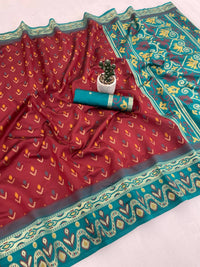 Rich Maroon Ikkat Style Silk Saree with Teal Multicolor Border & Ornamental Designer Pallu | Premium Festive Wear
