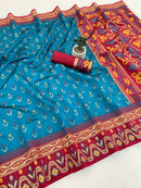 Royal Teal Ikkat Style Silk Saree with Multicolor Traditional Border & Rich Pallu | Premium Festive Wear