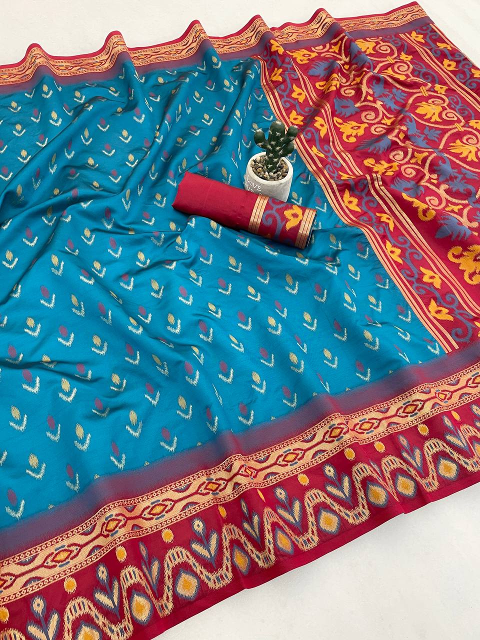 Royal Teal Ikkat Style Silk Saree with Multicolor Traditional Border & Rich Pallu | Premium Festive Wear