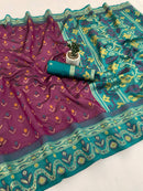 Elegant Wine Purple Ikkat Style Silk Saree with Teal Designer Border & Grand Traditional Pallu | Premium Festive Wear
