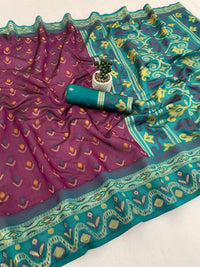 Elegant Wine Purple Ikkat Style Silk Saree with Teal Designer Border & Grand Traditional Pallu | Premium Festive Wear