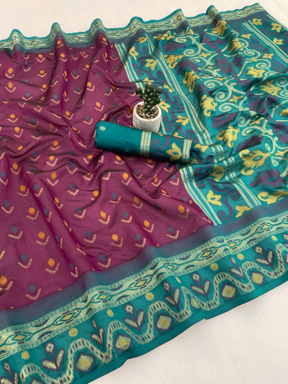 Elegant Wine Purple Ikkat Style Silk Saree with Teal Designer Border & Grand Traditional Pallu | Premium Festive Wear
