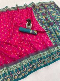 Vibrant Rani Pink Ikkat Style Silk Saree with Teal Multicolor Border & Rich Floral Pallu | Premium Festive Wear
