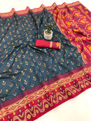 Elegant Steel Blue Ikkat Style Silk Saree with Maroon Multicolor Border & Designer Pallu | Premium Festive Wear
