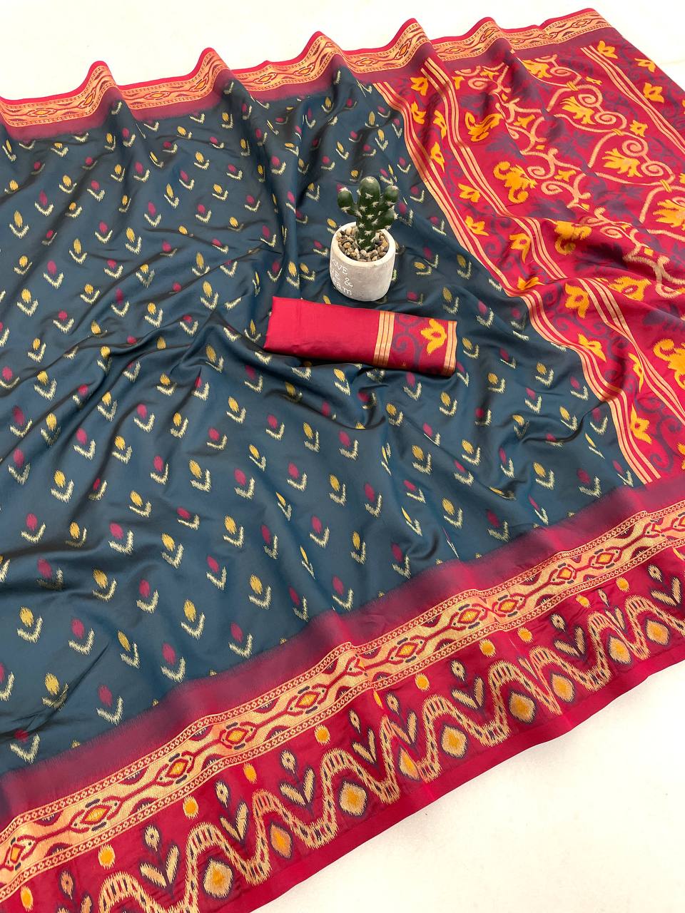 Elegant Steel Blue Ikkat Style Silk Saree with Maroon Multicolor Border & Designer Pallu | Premium Festive Wear