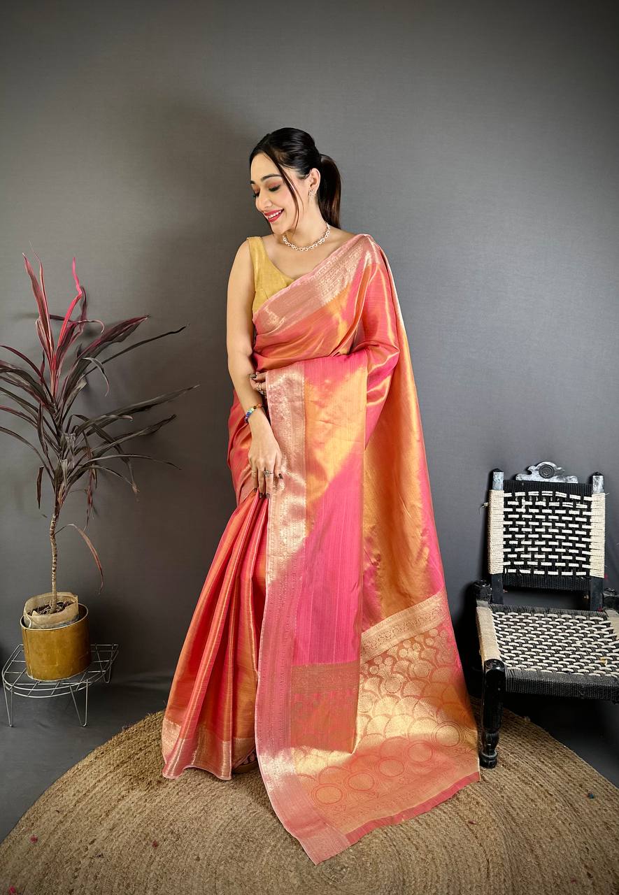 Sunset Peach Silk Saree with Golden Zari Border & Elegant Rich Pallu | Premium Festive & Wedding Wear