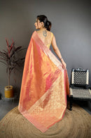 Sunset Peach Silk Saree with Golden Zari Border & Elegant Rich Pallu | Premium Festive & Wedding Wear