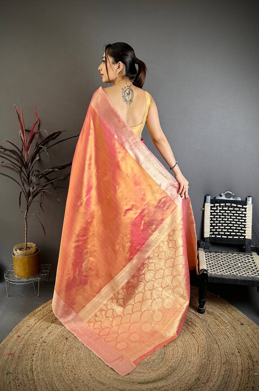 Sunset Peach Silk Saree with Golden Zari Border & Elegant Rich Pallu | Premium Festive & Wedding Wear