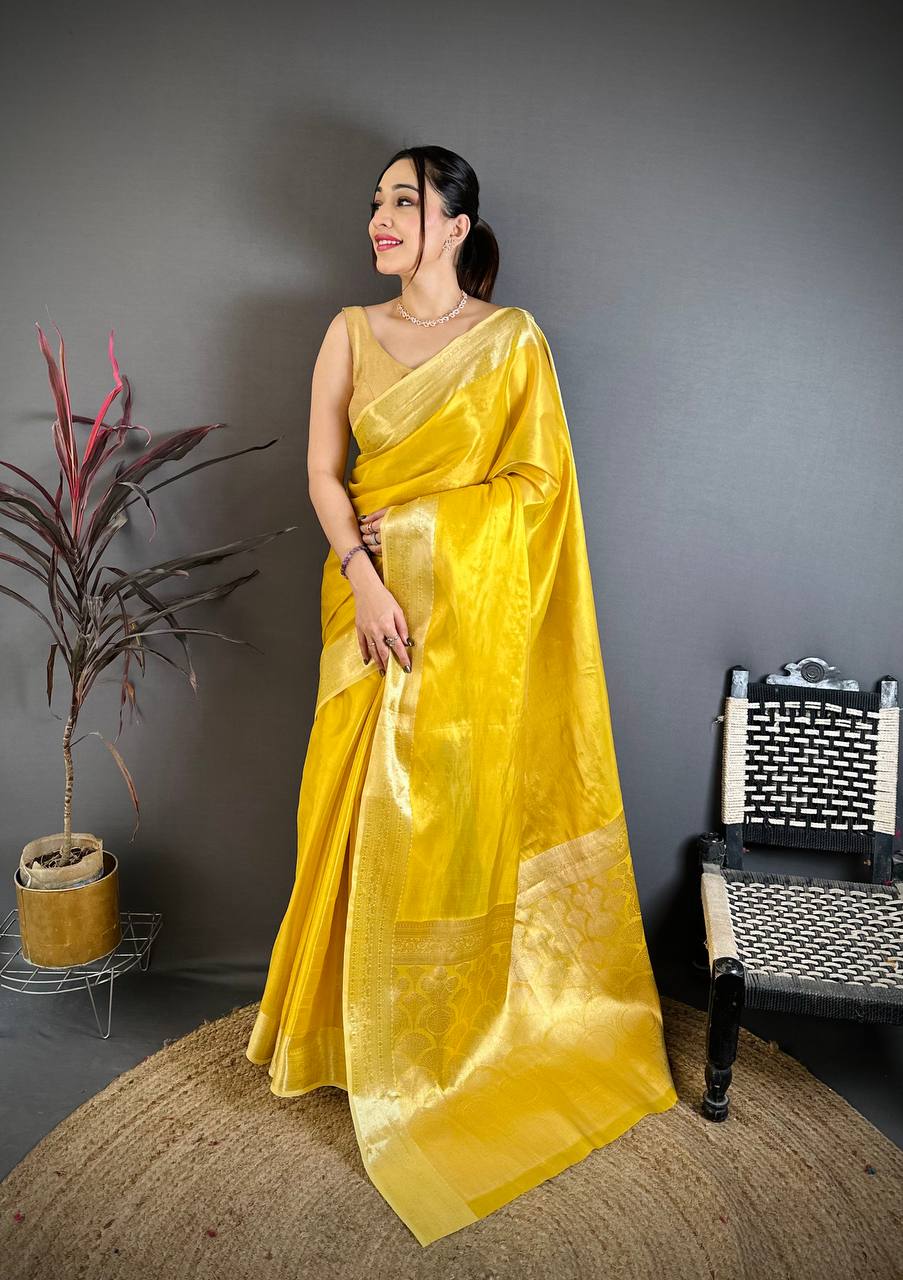 Bright Mustard Yellow Silk Saree with Elegant Gold Zari Border & Rich Woven Pallu | Premium Festive & Haldi Wear