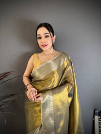 Antique Gold Dual Tone Silk Saree with Rich Zari Border & Grand Woven Pallu | Premium Wedding & Festive Wear