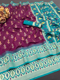 Royal Wine Purple Ikkat Style Silk Saree with Teal Designer Border & Grand Ornamental Pallu | Premium Festive Wear