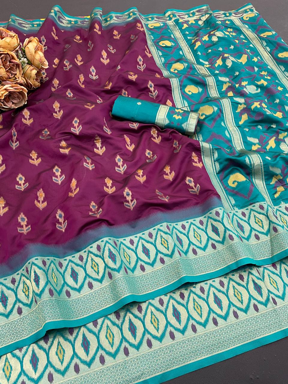 Royal Wine Purple Ikkat Style Silk Saree with Teal Designer Border & Grand Ornamental Pallu | Premium Festive Wear