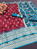Classic Maroon Ikkat Style Silk Saree with Teal Designer Border & Rich Artistic Pallu | Premium Festive Wear