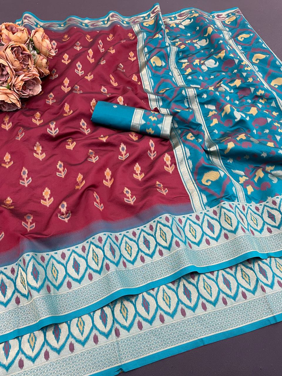 Classic Maroon Ikkat Style Silk Saree with Teal Designer Border & Rich Artistic Pallu | Premium Festive Wear