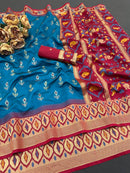 Royal Peacock Blue Ikkat Style Silk Saree with Red Designer Border & Grand Artistic Pallu | Premium Festive Wear
