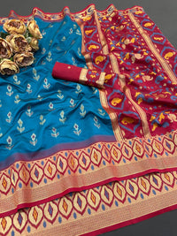 Royal Peacock Blue Ikkat Style Silk Saree with Red Designer Border & Grand Artistic Pallu | Premium Festive Wear