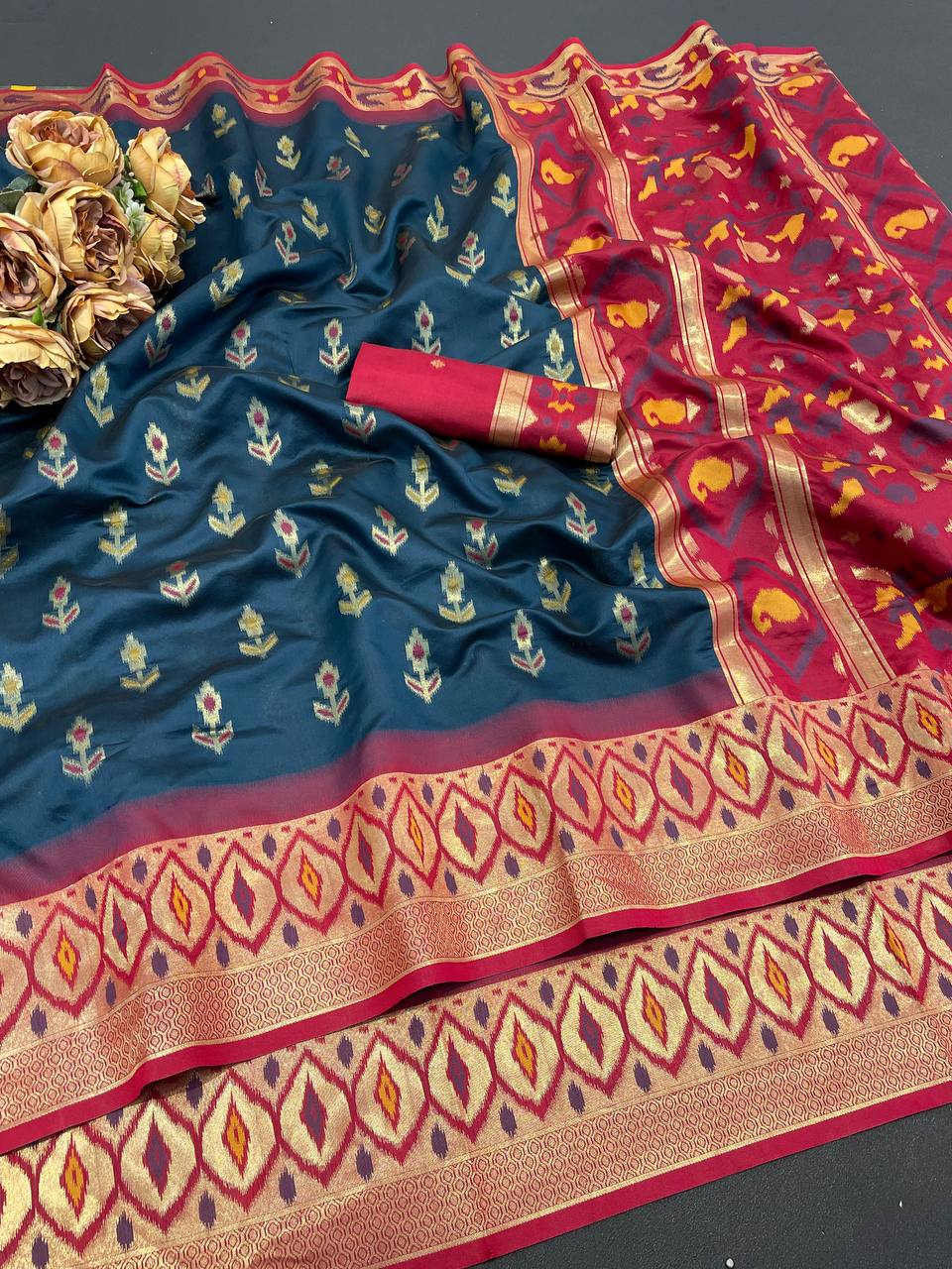 Elegant Navy Blue Ikkat Style Silk Saree with Red Designer Border & Traditional Artistic Pallu | Premium Festive Wear