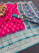 Vibrant Rani Pink Ikkat Style Silk Saree with Teal Designer Border & Rich Ethnic Pallu | Premium Festive Wear