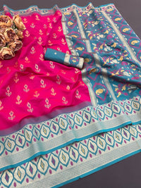 Vibrant Rani Pink Ikkat Style Silk Saree with Teal Designer Border & Rich Ethnic Pallu | Premium Festive Wear