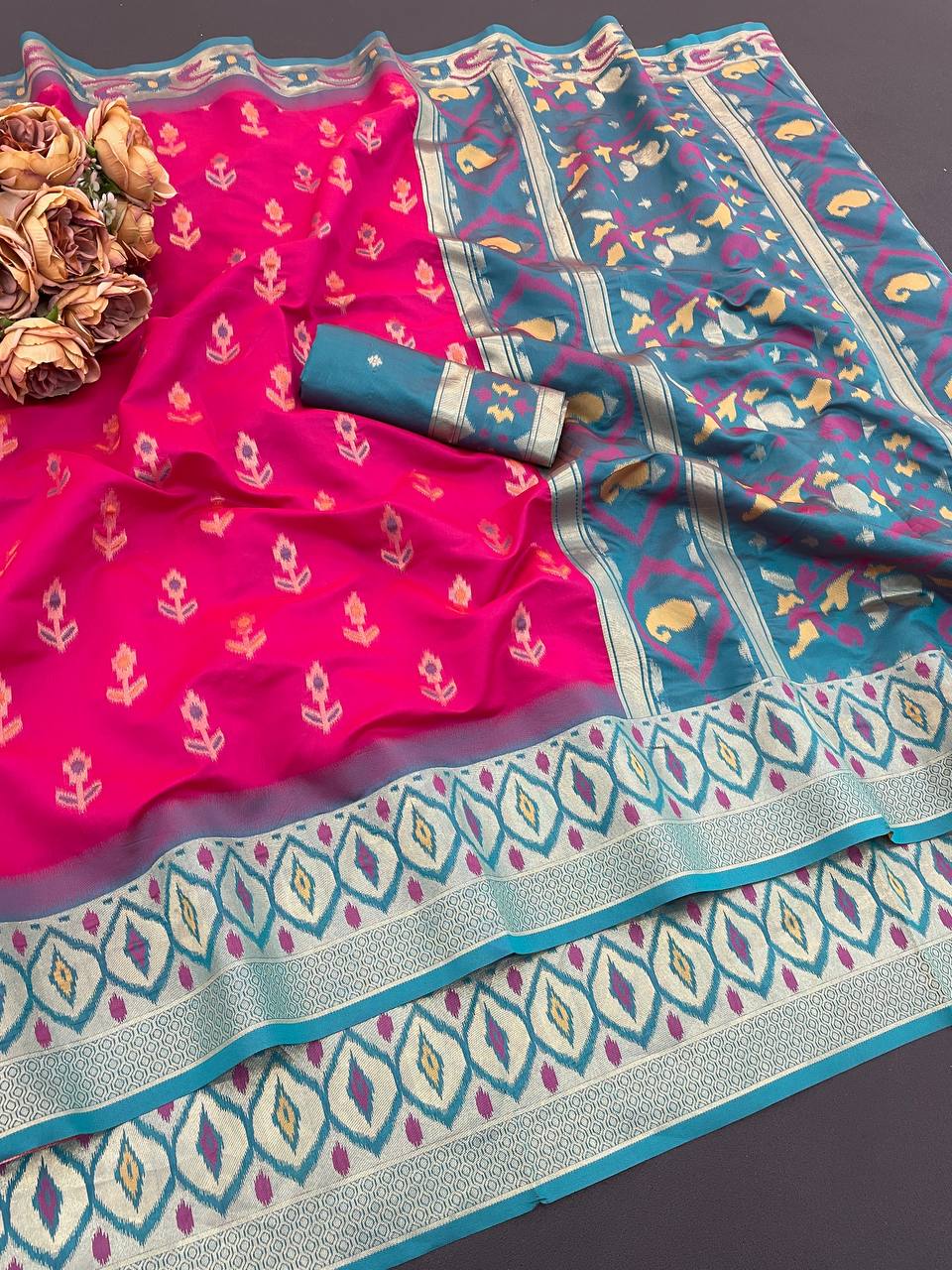 Vibrant Rani Pink Ikkat Style Silk Saree with Teal Designer Border & Rich Ethnic Pallu | Premium Festive Wear