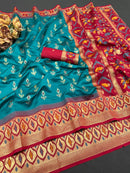 Premium Teal Blue Ikkat Style Silk Saree with Red Designer Border & Grand Ethnic Pallu | Luxury Festive Wear