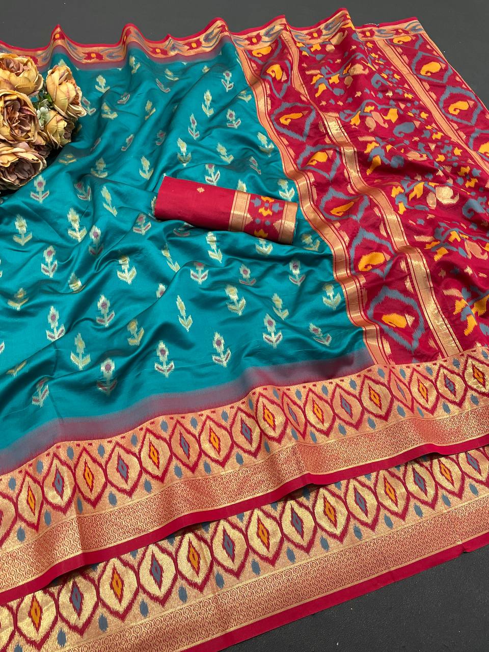 Premium Teal Blue Ikkat Style Silk Saree with Red Designer Border & Grand Ethnic Pallu | Luxury Festive Wear