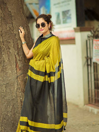 Mustard Yellow & Black Linen Saree with Bold Contrast Border | Contemporary Elegant Wear