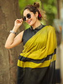Mustard Yellow & Black Linen Saree with Bold Contrast Border | Contemporary Elegant Wear