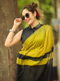 Mustard Yellow & Black Linen Saree with Bold Contrast Border | Contemporary Elegant Wear