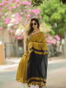 Mustard Yellow & Black Linen Saree with Bold Contrast Border | Contemporary Elegant Wear