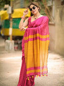 Rani Pink Linen Saree with Mustard Yellow Contrast Pallu & Tassels | Contemporary Everyday Elegance