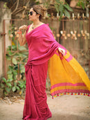 Rani Pink Linen Saree with Mustard Yellow Contrast Pallu & Tassels | Contemporary Everyday Elegance